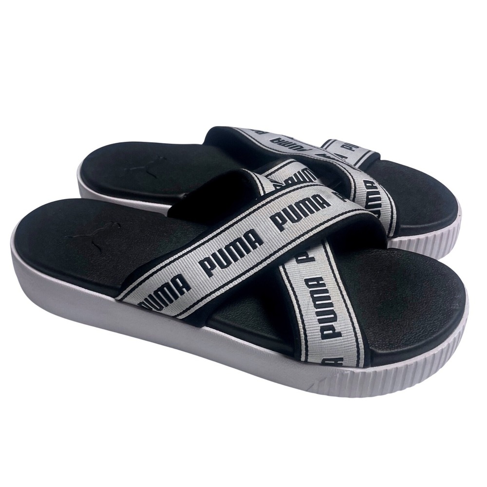PUMA Slide Tape Black White Sandals‎ Women's 10.5